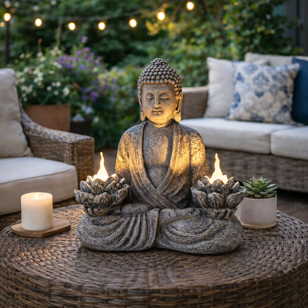 Lotus Buddha Resin Statue with LED Lights 21.5x19cm