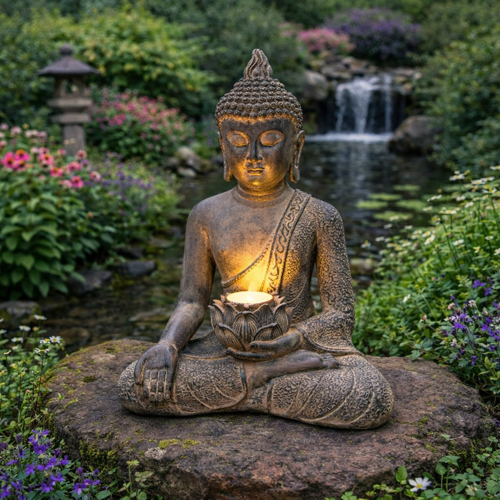 Small Meditating Buddha Resin Statue with Solar Light 18x11cm