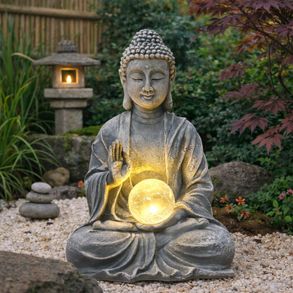 Buddha Statue With Orb Solar-Powered Lamp