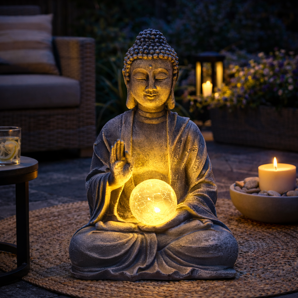 Buddha Statue With Orb Solar-Powered Lamp