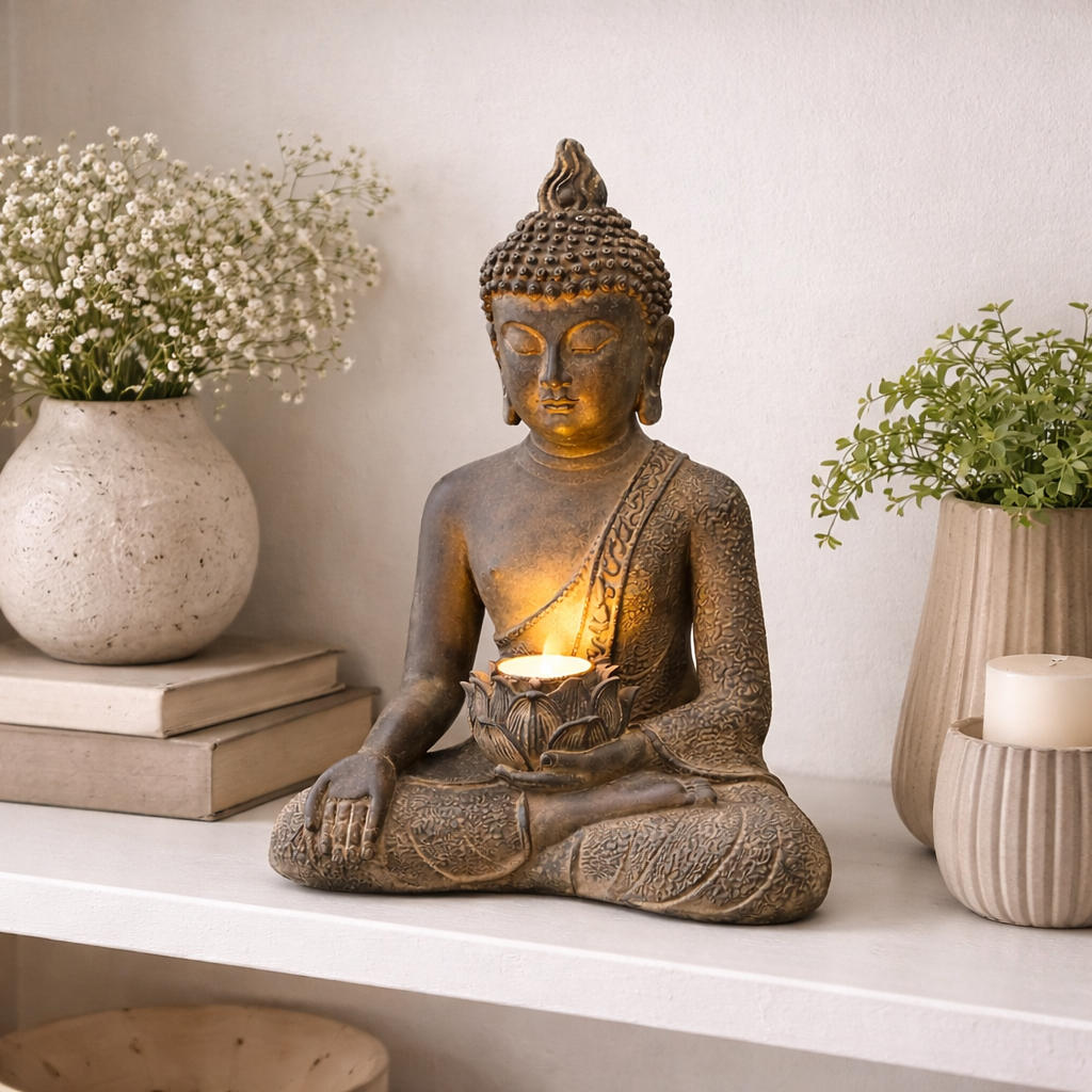 Small Meditating Buddha Resin Statue with Solar Light 18x11cm