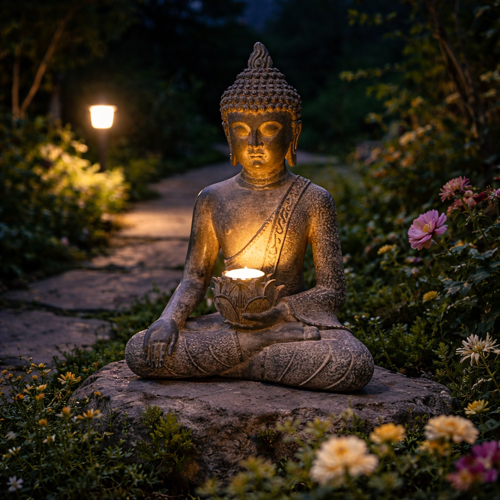 Small Meditating Buddha Resin Statue with Solar Light 18x11cm
