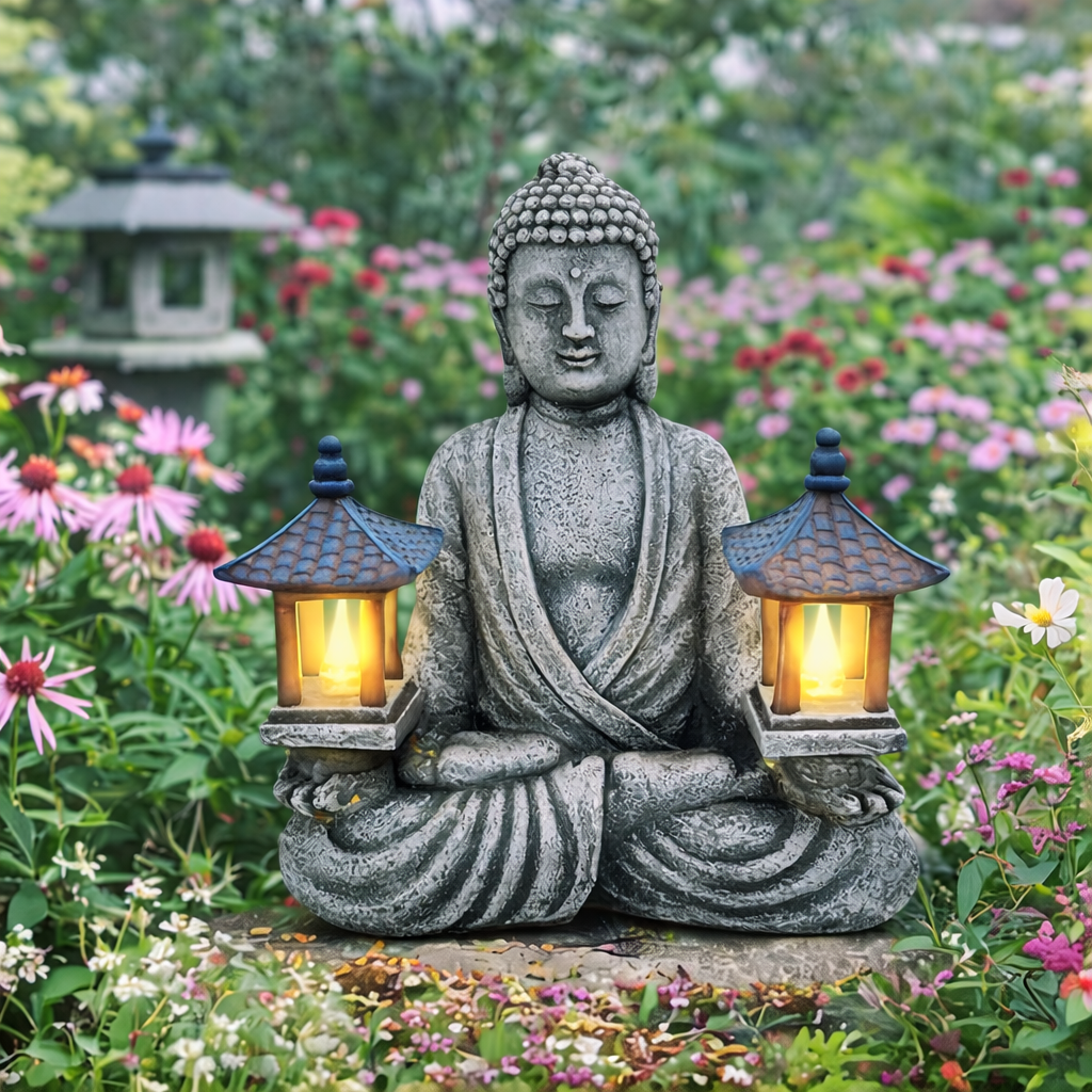 Buddha Resin with Two Solar Lights Indoor / Outdoor 21.5x19cm
